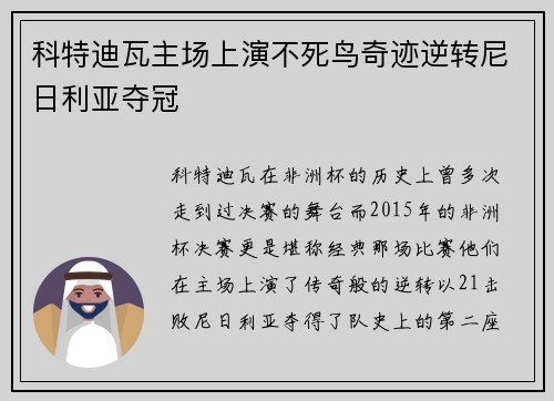 科特迪瓦主场上演不死鸟奇迹逆转尼日利亚夺冠