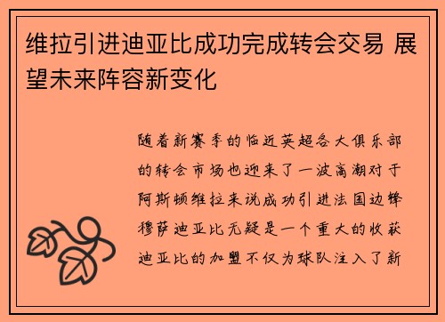 维拉引进迪亚比成功完成转会交易 展望未来阵容新变化